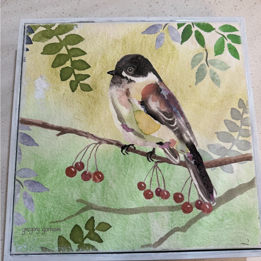 Gregory Gorham Bird Watercolor Art 11x11 Canvas with White Painted Frame